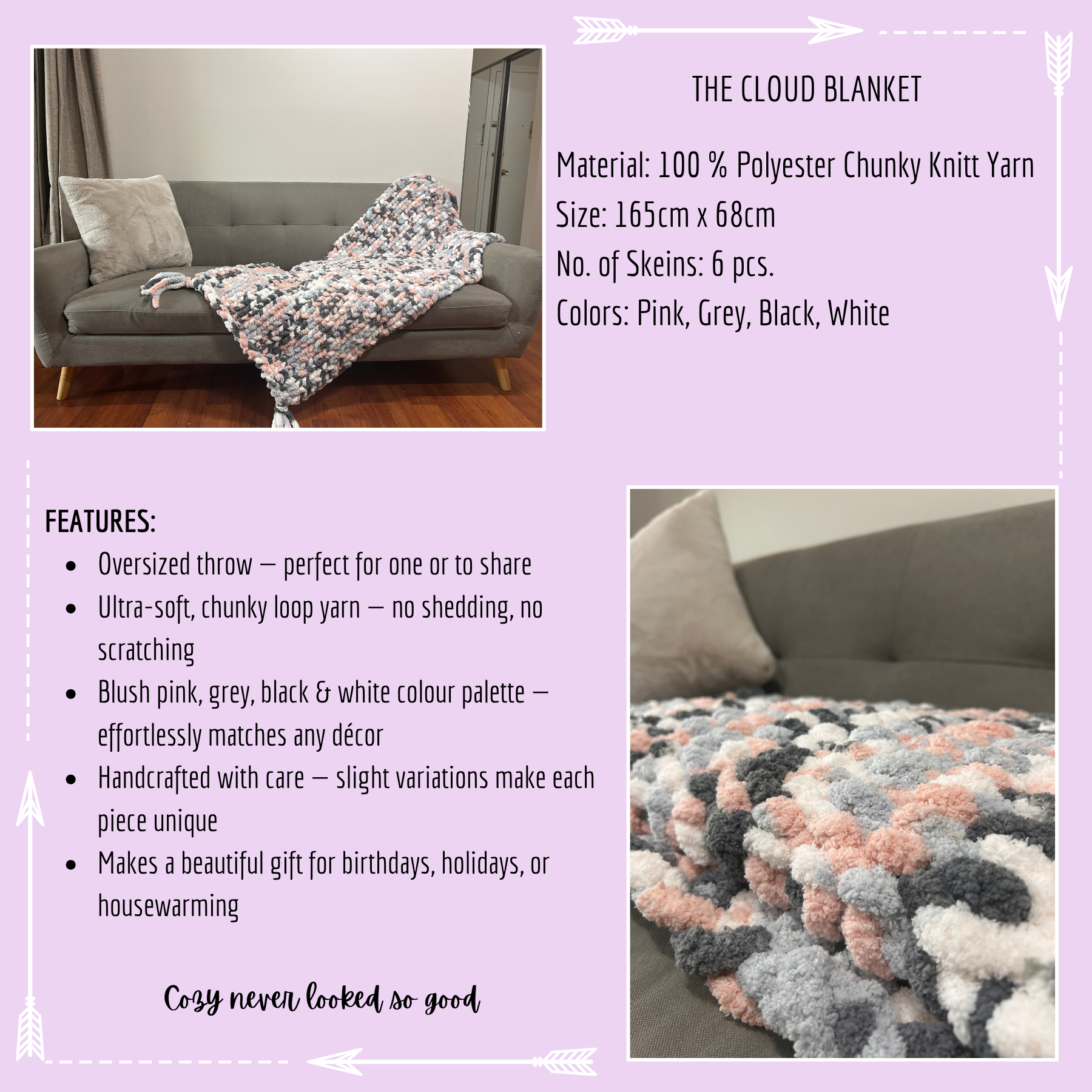 Limited Edition: Loop Yarn Chunky Knit Throw Blanket in Pink Blush & Grey